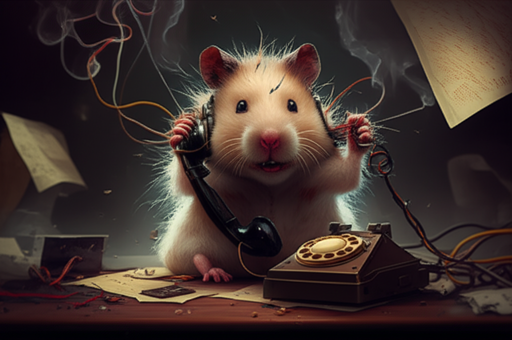 A frazzled hamster with singed fur wearing a headset, frantically trying to use an old telephone with exposed wires and smoke coming out of it, sitting at a burnt desk with papers flying everywhere